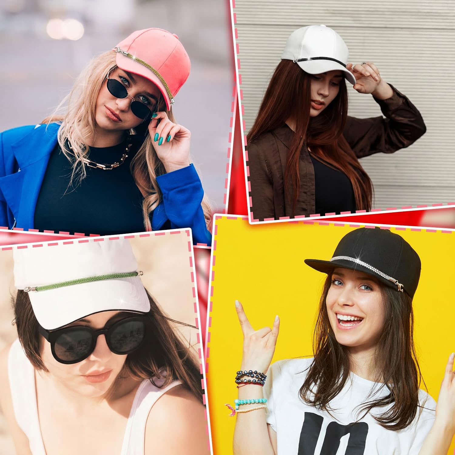 Geyoga 9 Pcs Trucker Hat Chains Trucker Hat Charms Women Man Bill Decoration Detachable DIY Metal Chain for Mesh Baseball Cap(Colorful,Diamond)
