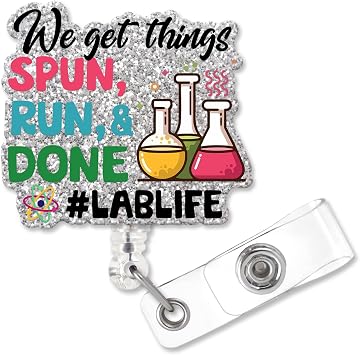 We Get Things Spun Run Done Fun Shaped Badge Reel Holder with Metal Shark Clip, Office Hospital Lab Work ID Tag, Nurse Badge Gift, Gift for Lab Researcher Student Professor