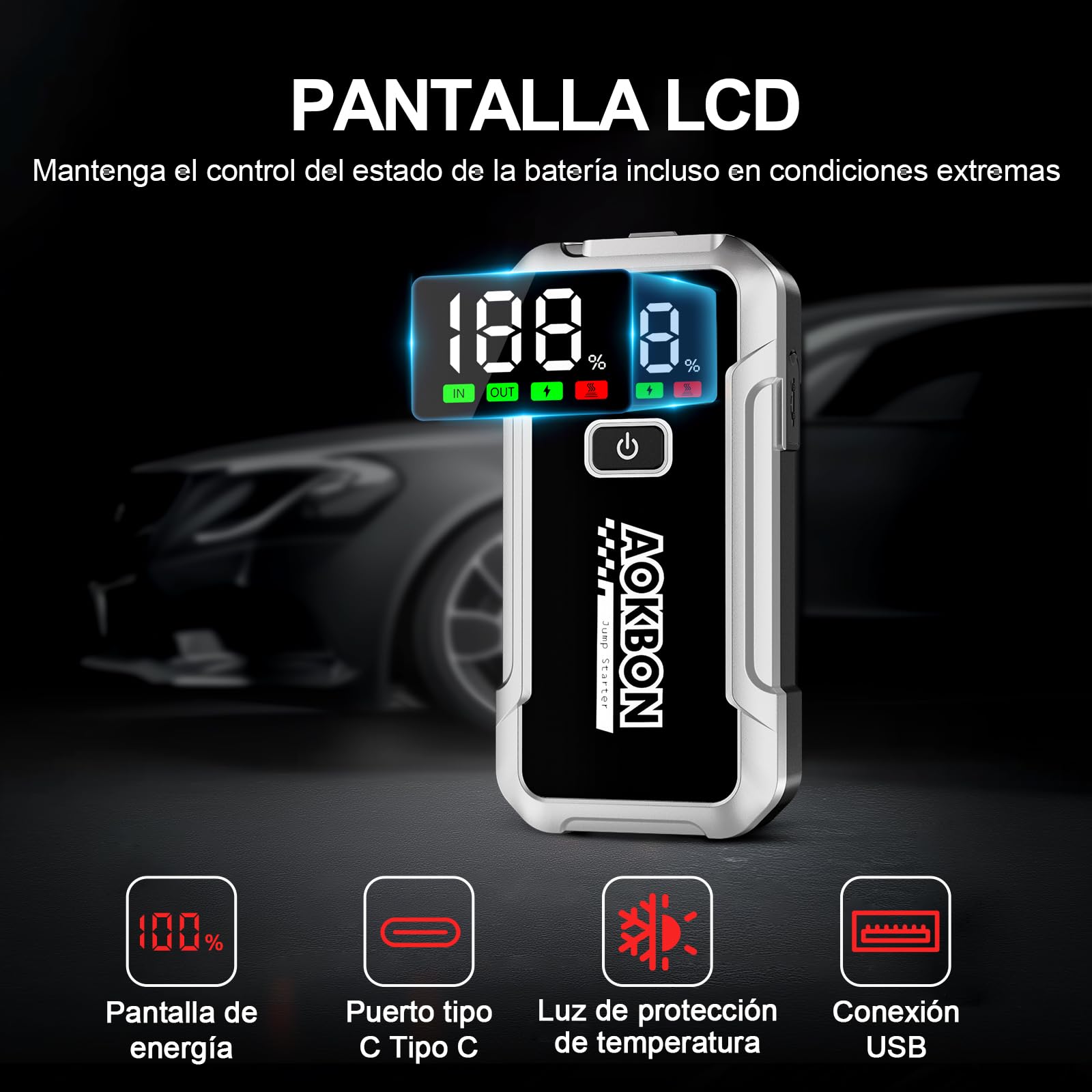Arrancador de Coches 7000A 12V Arrancador de batería para Todo Gasolina o 10L de Diésel Booster con Pantalla LCD Grande Clips de Seguridad Inteligentes Carga USB y Luz LED