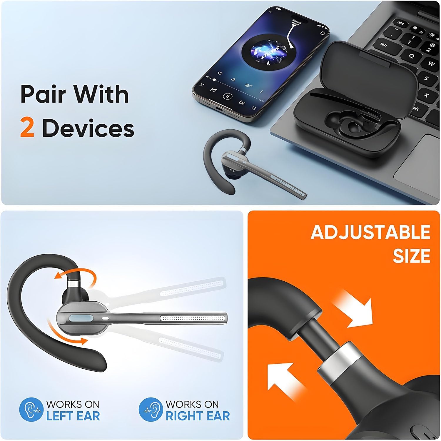 Bluetooth Headset V5.3,Wireless Bluetooth Earpiece with 500mAh Charging Case, Wireless Headset with Noise Canceling Mic,for Trucker,Office,Business,Compatible with Cell Phone and PC - Image 6
