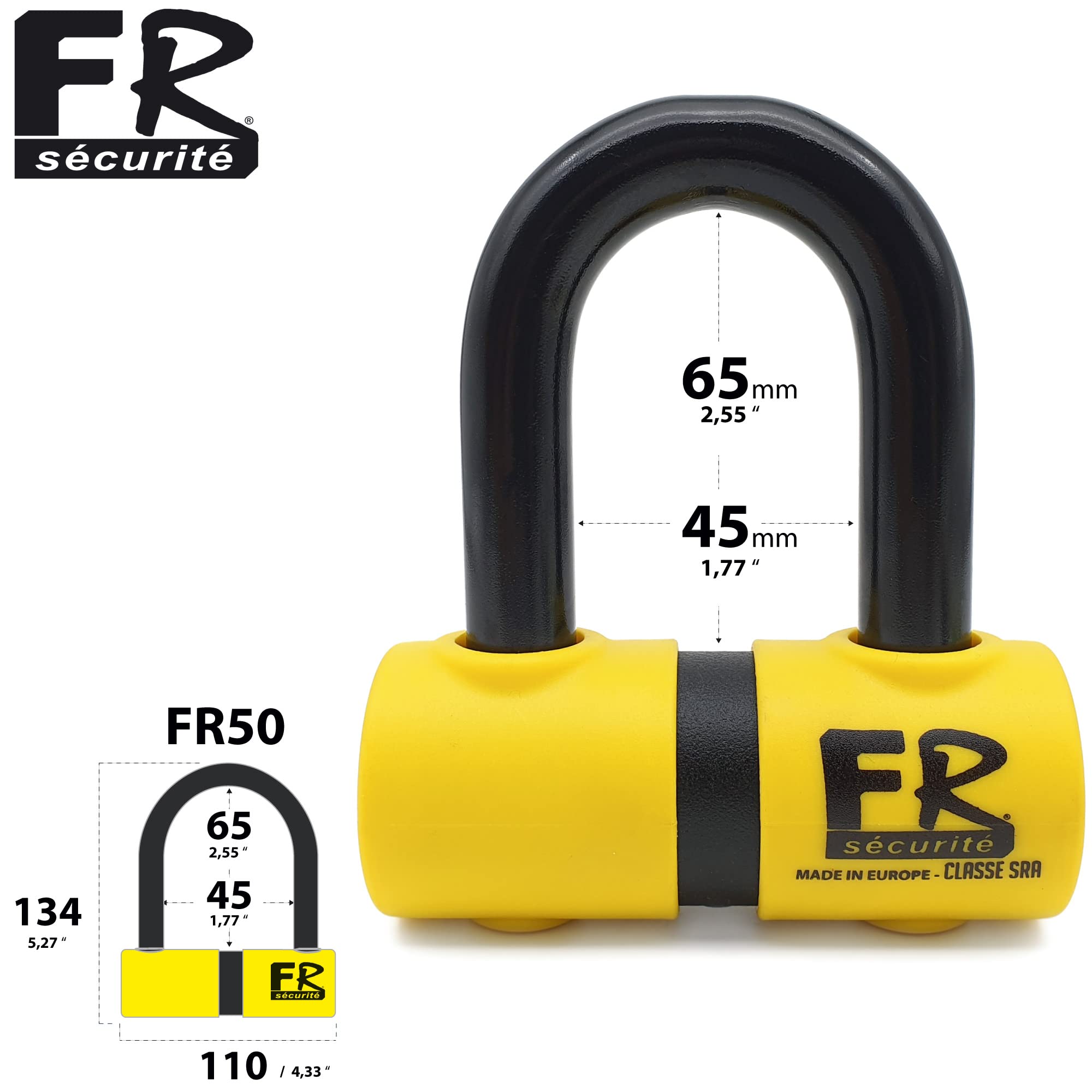 FR SECURITE FR50150 Cadena Alta Seguridad Antirrobo Moto + Candado Moto Disco Mini U ø13.5, 150cm Homologado Classe Sra, Robusto Antirobo Vesátil para Motocicleta, Scooter, Bici, Anclaje, Parking