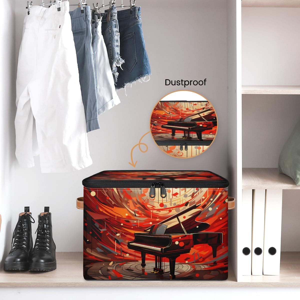 Storage Bin Set of 2 Music Piano Storage Basket with Zipper Lid & Handle Foldable Closet Shelf 2 Pack Cloth Organizer Basket Cube Bins Clothes Organizer for Bedroom, Nursery