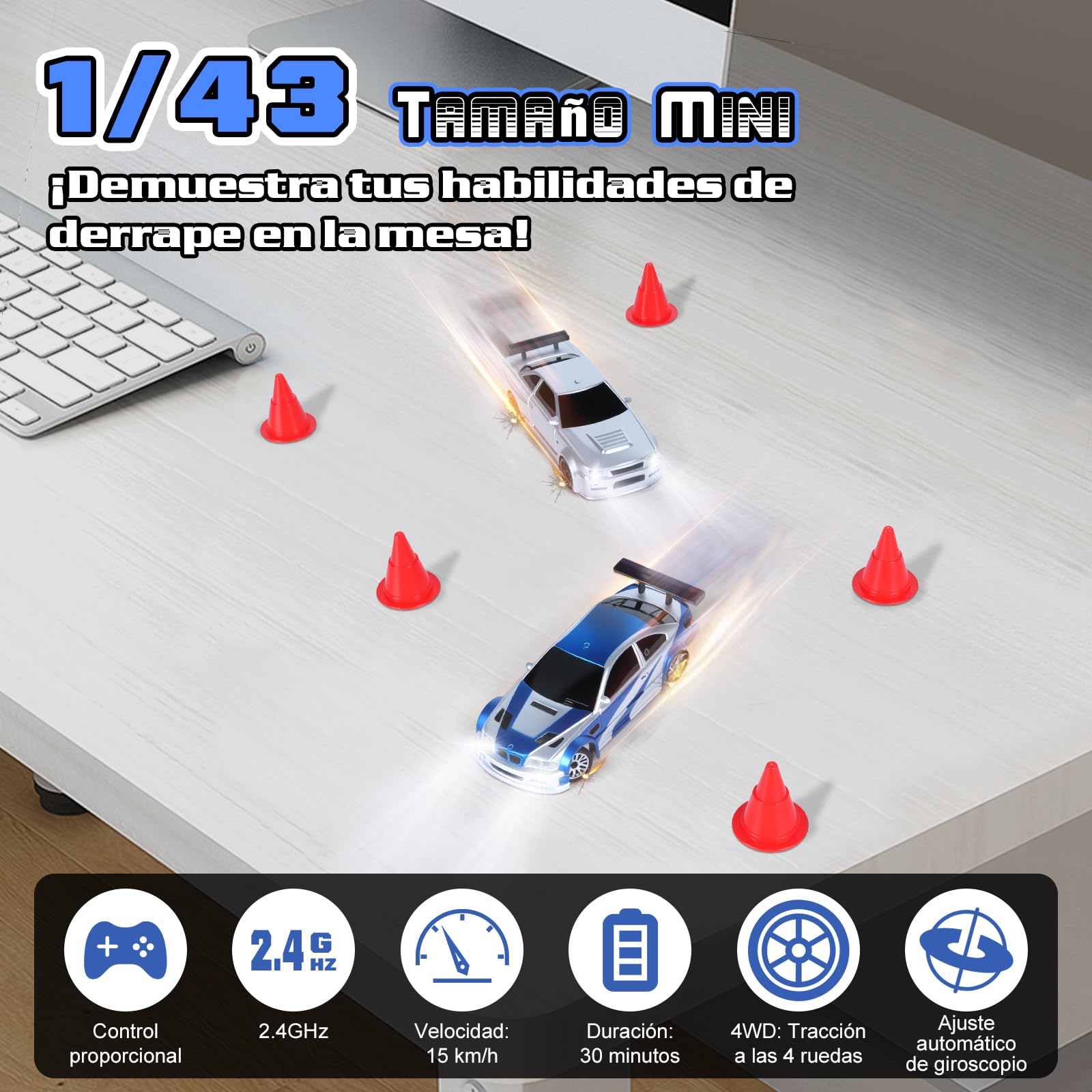 JONRRYIN Coche Teledirigido Drift Pro, 1:43 Mini Drift RC Car, 4WD Car Radiocontrol con Giroscopios y Luces LED, 15km/h, Coche Teledirigido de Juguete para Niños de 14+ Años (Azul Pro-Gyro)