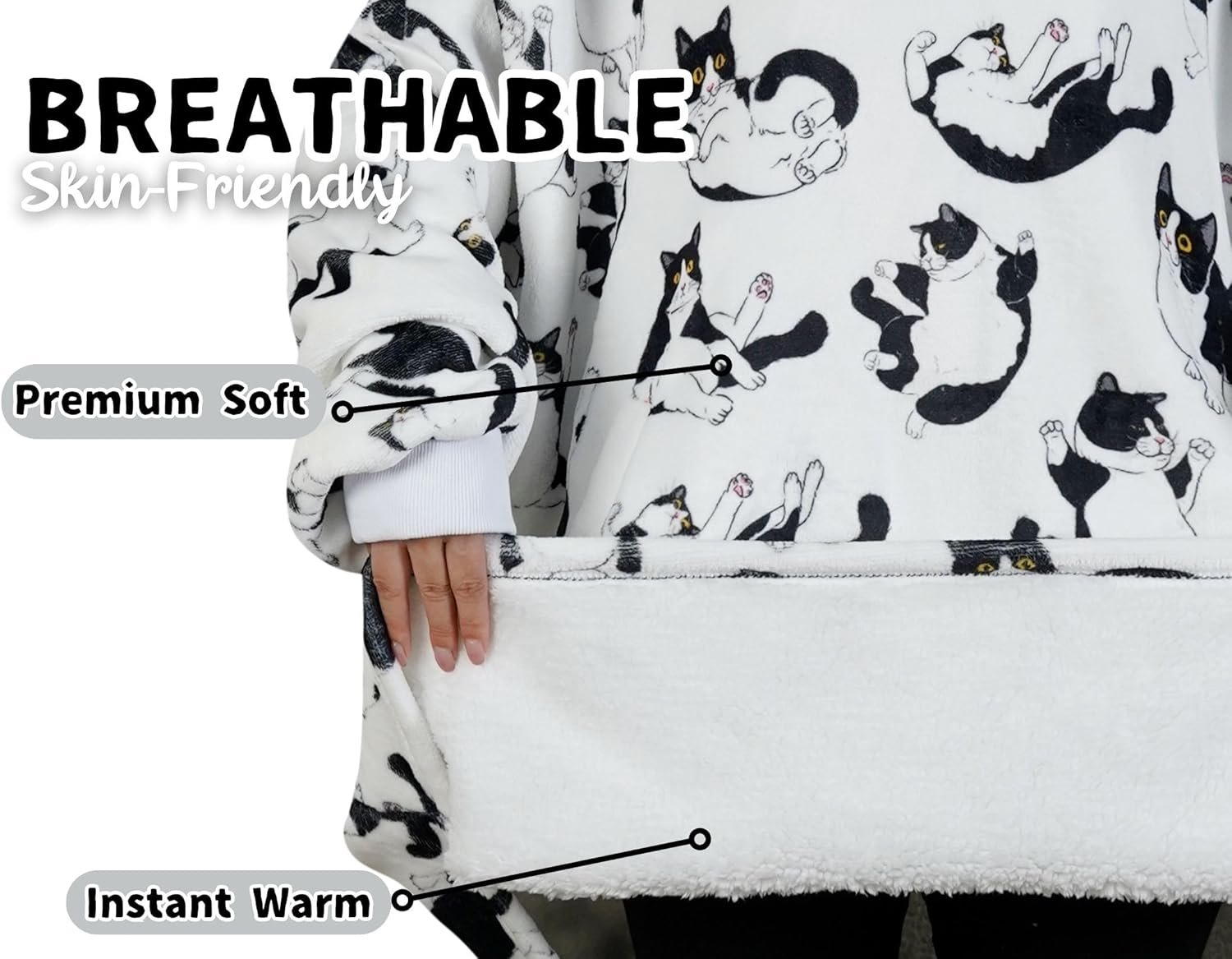 Tuxedo Cat Gifts Wearable Blanket Hoodie for Adults - Oversized Flannel, One Size Fits All