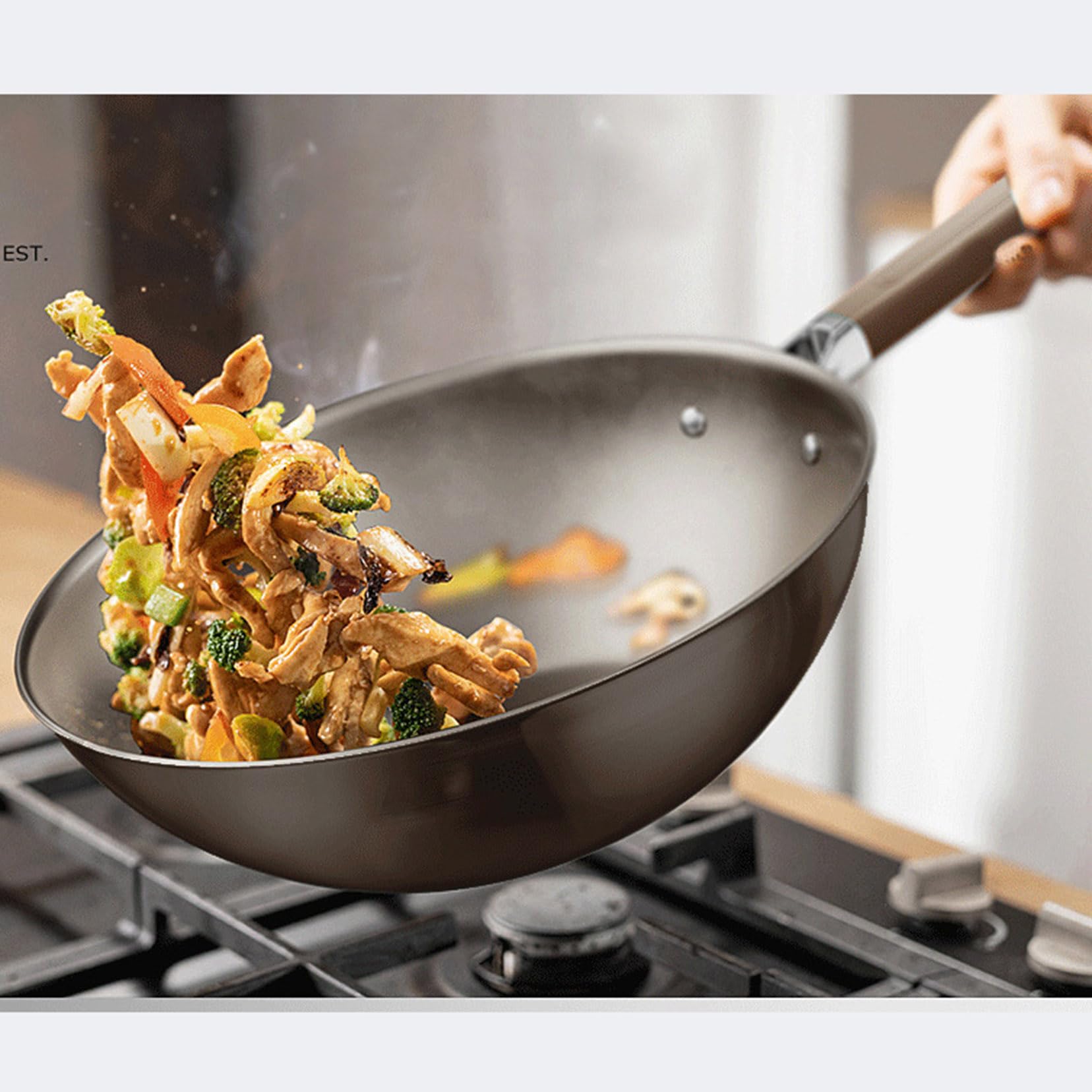 Wok in Titanio Antiaderente con Coperchio, Wok da 12,6 Pollici e Padelle per Saltare con Manico Che Resta Fresco, Wok a Fondo Piatto Adatto per Induzione, Elettrico, Gas 34cm