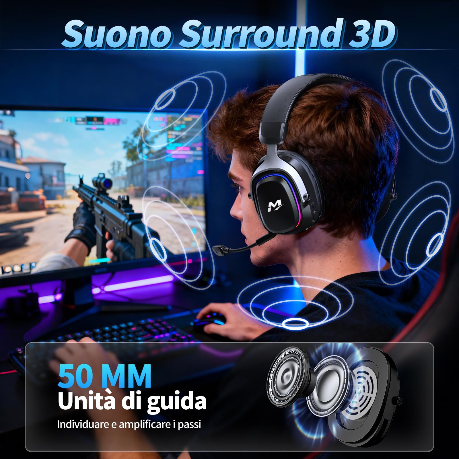 MANKIW Cuffie Gaming Wireless per PS5/PS4/PC/Switch, 2.4G & Bluetooth 6.0, Cuffie Wireless con Surround Sound 7.1, Microfono Noise Cancelling, RGB, Batteria 60+ Ore, Driver da 50 mm