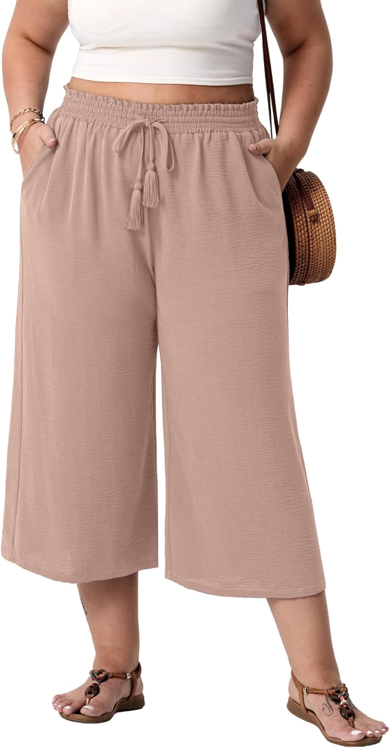 SHIJIALI Women's Plus Size Capri Pants Wide Leg High Waisted Casual Tassel Drawstring with Deep Pockets