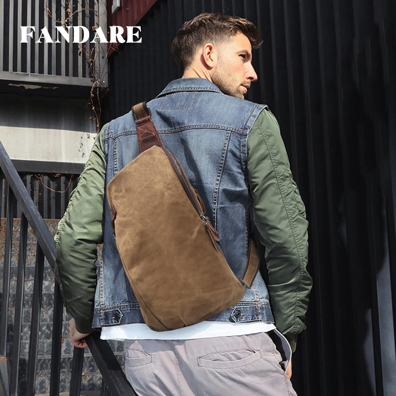 FANDARE Retrò Zaino Monospalla Tela Zaino Spalla Zaino Tracolla Uomo Borsa a tracolla Sling Bag Borsello a tracolla per Trekking Ciclismo Viaggio Piccolo Zainetto Cachi