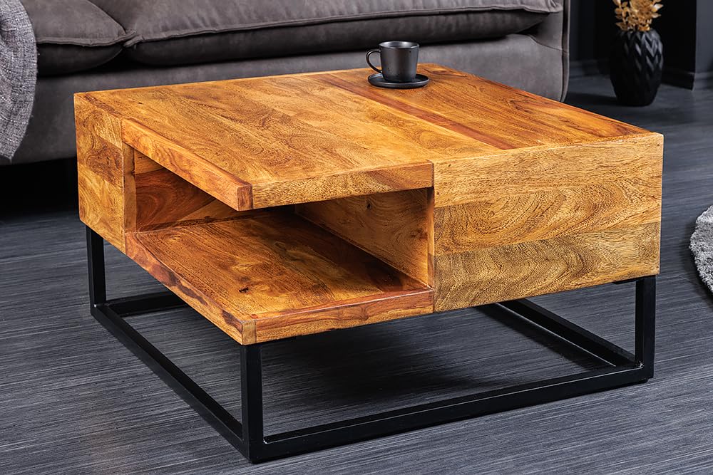 Couchtisch GIANT 60cm - schwarz - Sheeshamholz - handgefertigt Unikat | Massiv, montiert, Stauraum, hochwertig, individuelle Maserung, robust, Industrial Design, Ablagefach, Metallgestell