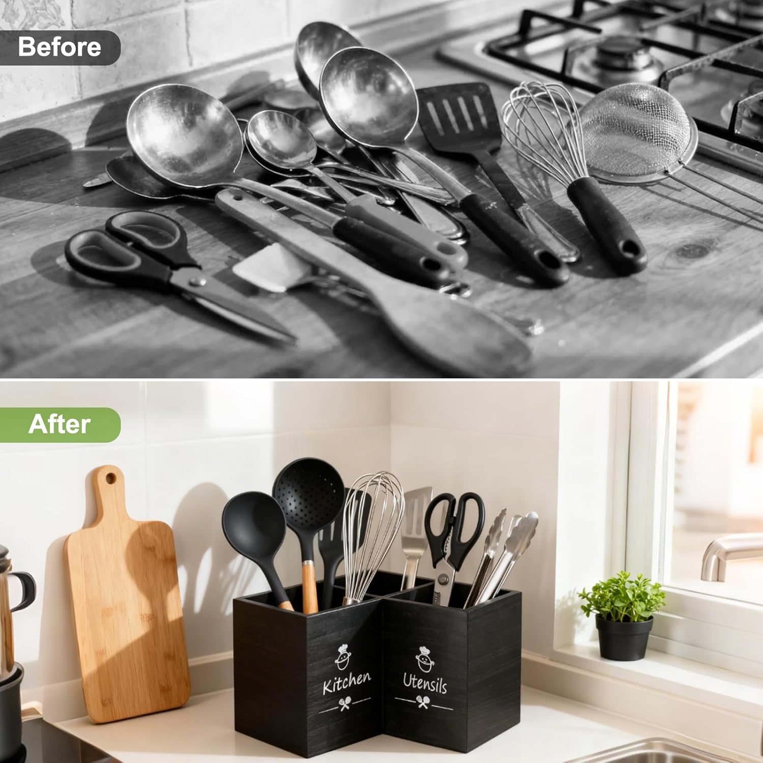 Wooden Kitchen Utensils Holder with 3 Compartments, Large Wooden Large Utensil Caddy Organizer for Counter, Utensil Organizer for Kitchen Countertop, Cooking Utensil Crock for Silverware Spoon Spatula