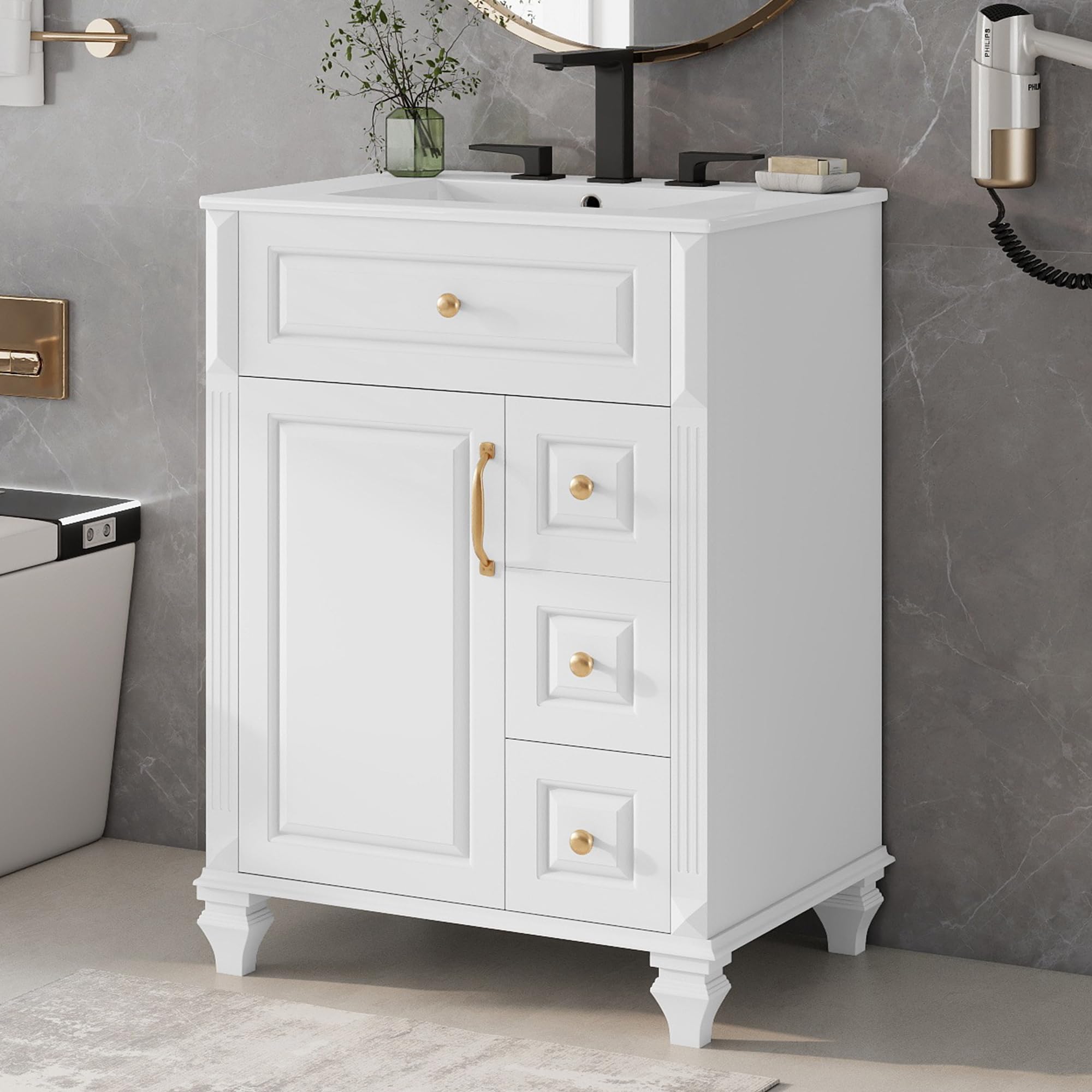 HarmoFurn 24 Inch Bathroom Vanity with Ceramic Sink, White Freestanding Cabinet with Flip-Out Drawer, 3 Drawers, Storage Cabinet, Solid Wood and MDF (