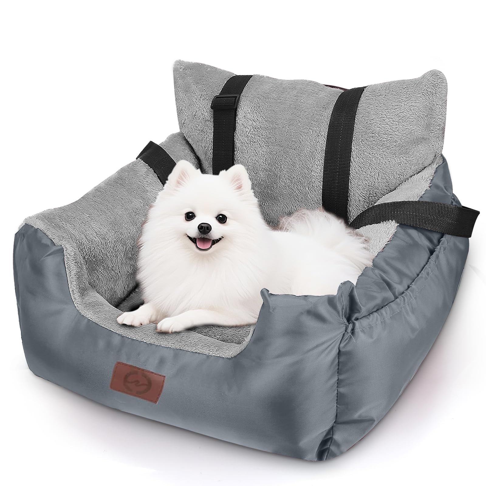 GoFirst Dog Car Seats for Small Dogs or Cats, Pet Booster Seat Travel Bed with Storage Pocket and Clip-On Safety Leash, Waterproof Warm Plush Dog Car Safety Seats,Black — view 14