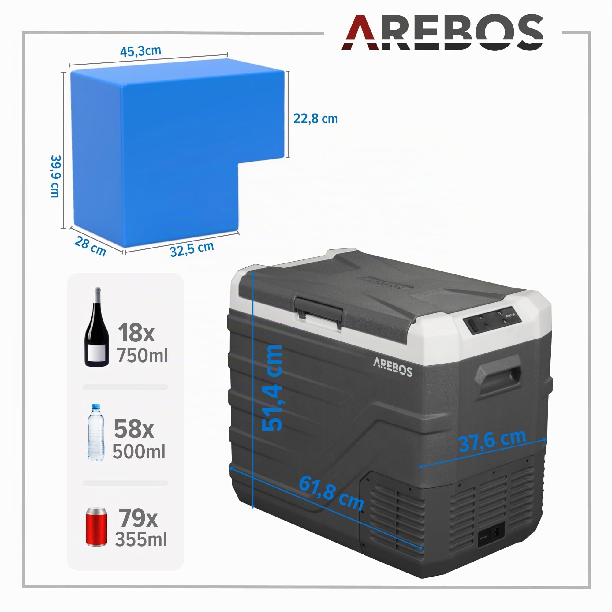 Arebos Glacière à compresseur 43 L | Réfrigérateur & congélateur Portable Jusqu’à -20 °C | Application & Commande Intelligente | 12/24V & 230V | USB | pour Voiture, Camion, Bateau, Camping-Car