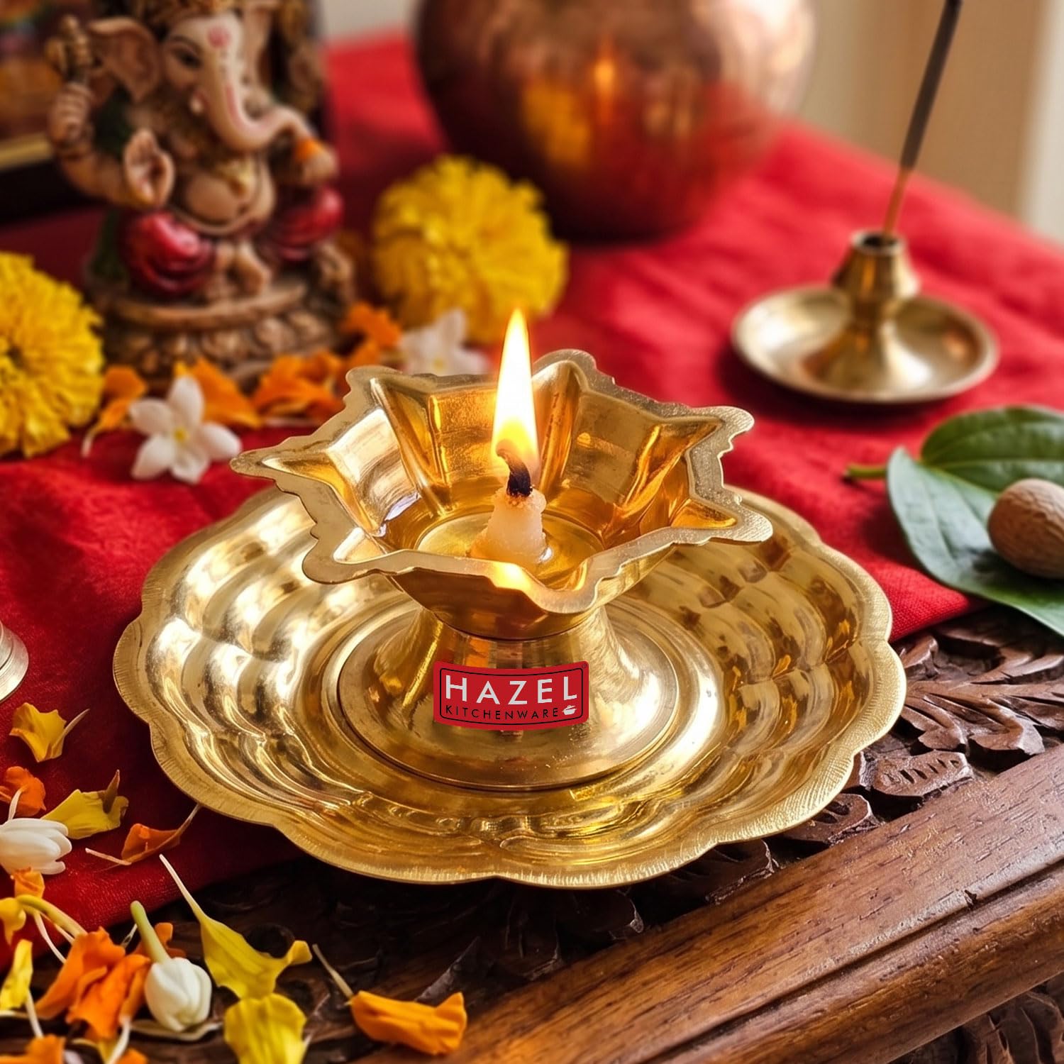 HAZEL Small Brass Plate Diya | Diva 8 cm Golden | Brass Oil Lamp for Pooja, Temple, Diwali & Home Decor-image-25