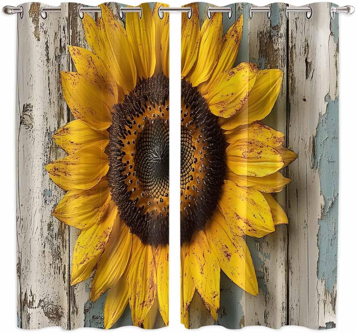 Window Curtain Summer Sunflower Vintage Wood Windows Drapes Panel,Farmhouse Rustic Wooden Floral Light Filtering Kitchen Cafe Curtains Drape Treatment Set of 2 with Grommet Top