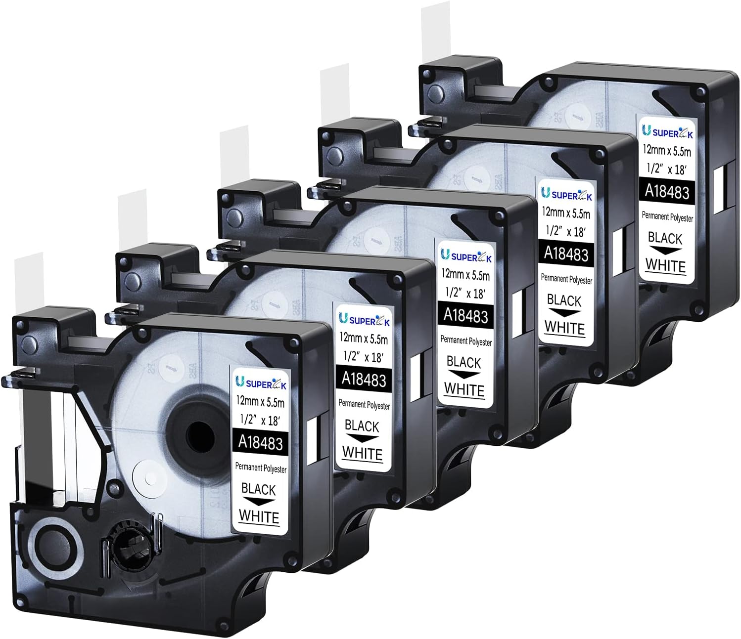 5PK 1/2" Rhino Industrial Permanent Polyester Compatible for Dymo Rhino 4200 5200 18483 Label Tape Black on White 1/2" x 18' for Rhino 5000 6000 3M PL300 Industrial Label Makers