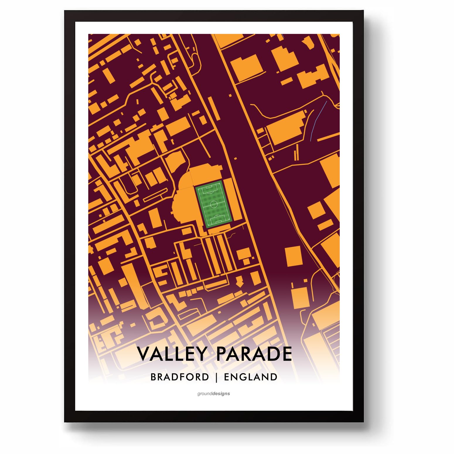 Grounddesigns Men's Claret And Amber Bradford City Afc Football Gift Valley Parade Stadium Art Map Unframed A3 Print Bcafc