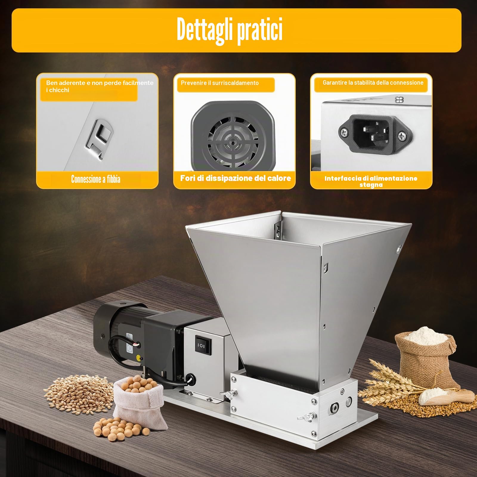 MINRS Mulino elettrico regolabile per grano con quattro tramoggie, mulino elettrico per malto, grano a rulli, 60 W, 75 RPM, 220 V