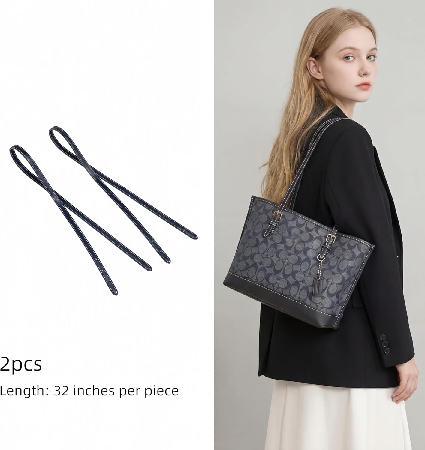 Replacement Leather Bag Strap 2-Pack, Extended Length Shoulder Straps for Coach Mollie 25 and MK Tote Bags, Bag Customization Accessories (Mollie-Chambray Blue)