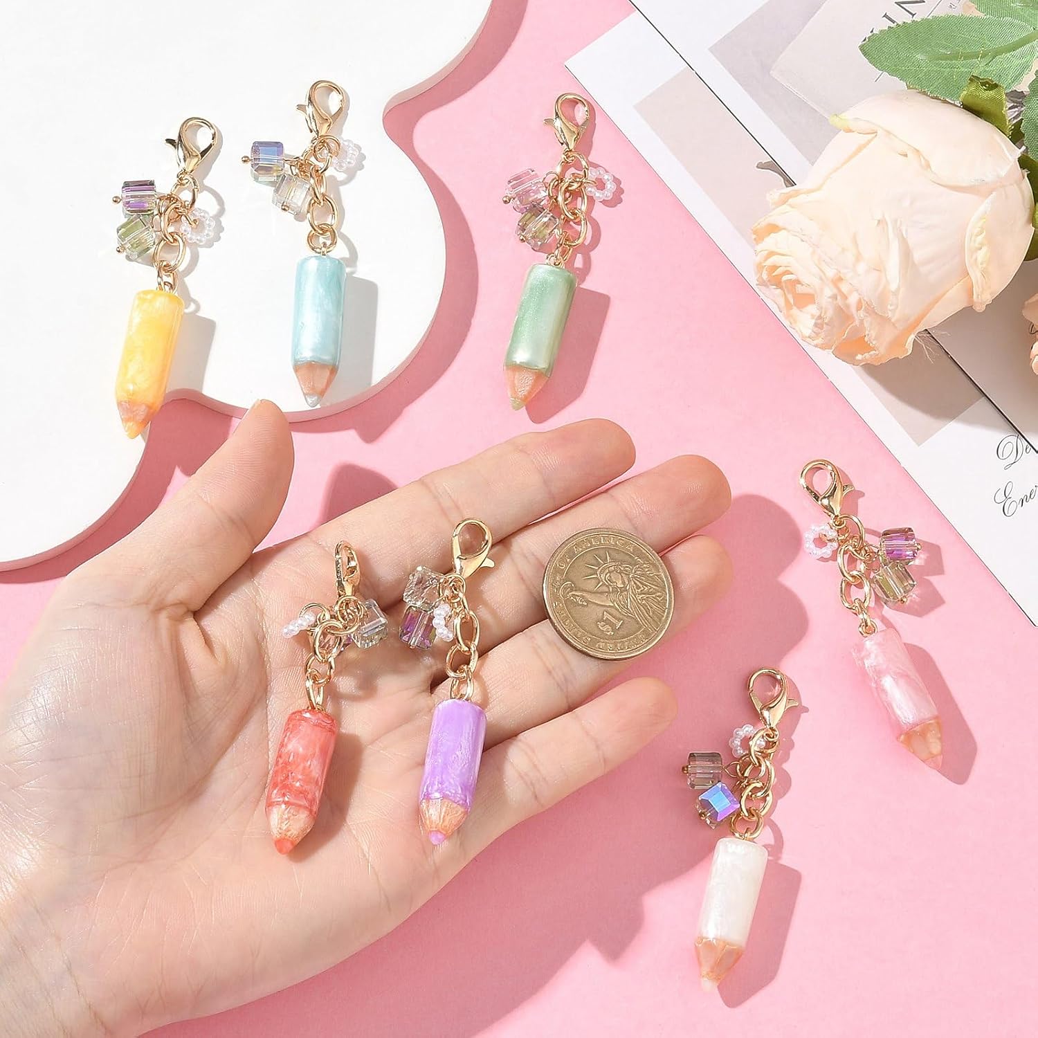 LiQunSweet 7 Pcs Resin Pencil Clip on Charms, Bag Decoration Charm Pendant, 7 Colors, Alloy Clasp, 70mm, for Handbag Cell Phone Decorations, DIY Jewelry Making