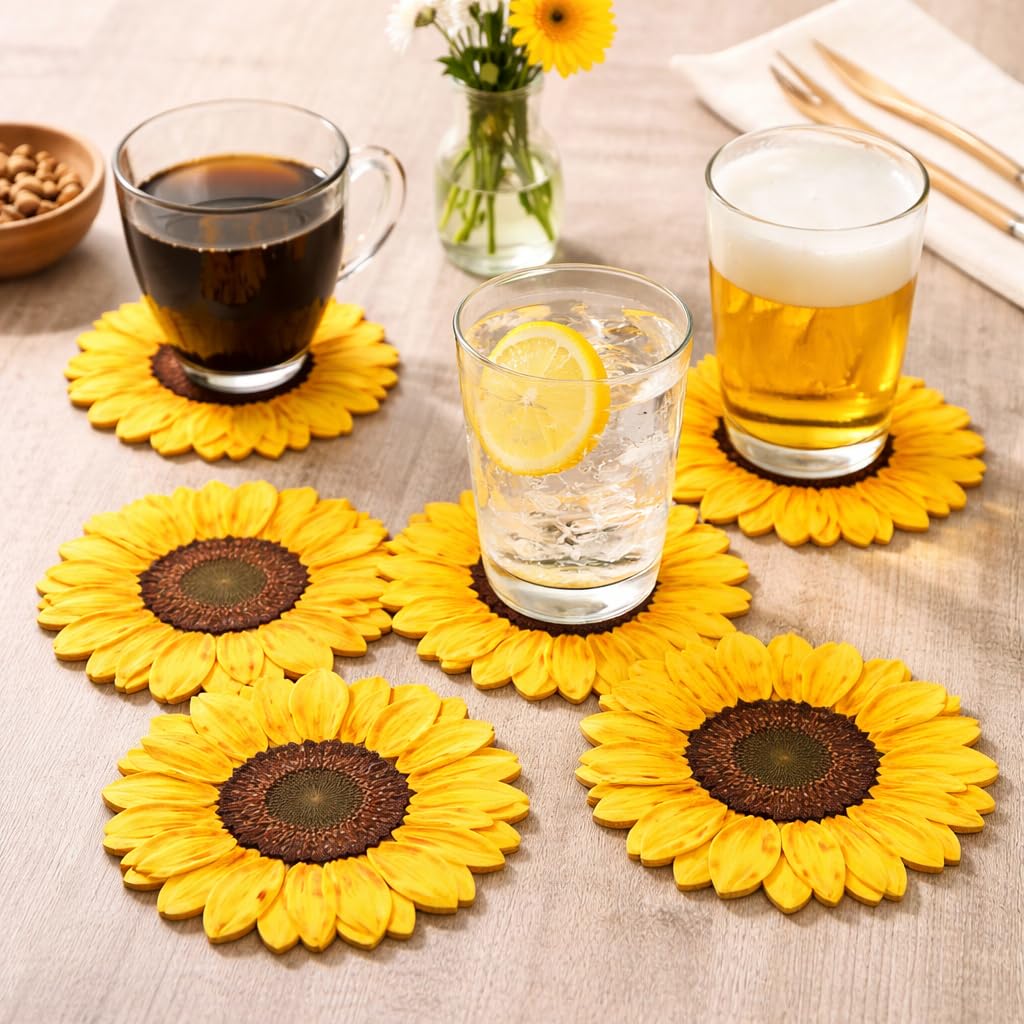 Sunflower Shape Wooden Coasters Set of 6 | 4mm Thick MDF Tea & Coffee Coasters | Decorative Floral Drink Coasters for Table Protection | Kitchen, Dining & Office | Gladtogift-image-46