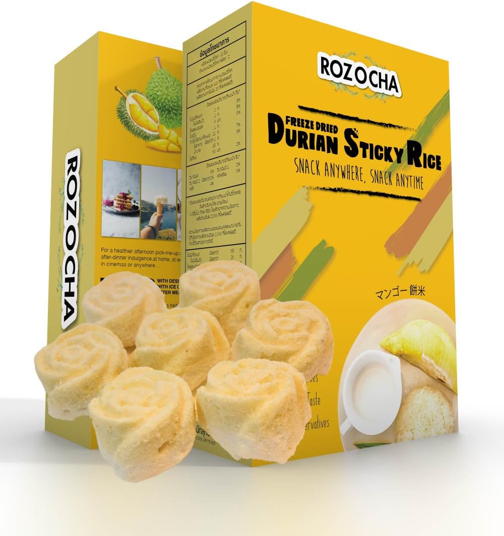 Rozocha Freeze Dried Durian with Sticky Rice Bites 3.52 Ounce (0.88 oz x 4 Count) Healthy Snack for Kids and all Ages (Made from 100% Real Durian and Real Sticky Rice)