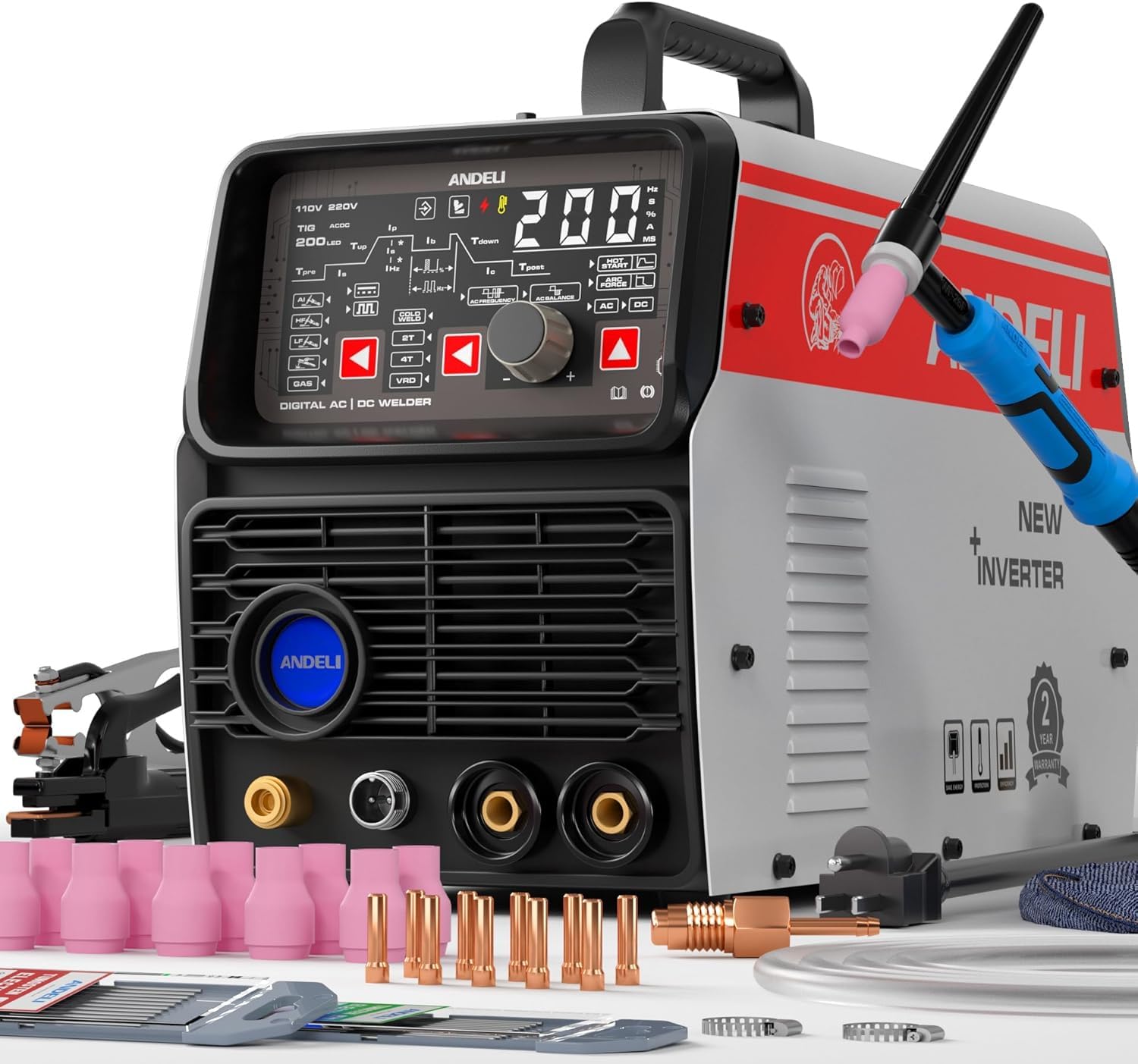 ANDELI AC/DC Aluminum TIG Welder 200Amp Cold TIG Welding Machine with PULSE/STICK/SPOT/LIFT TIG/IGBT Inverter 110V/220V Dual Voltage TIG Welding Equipment TIG-200 ACDC
