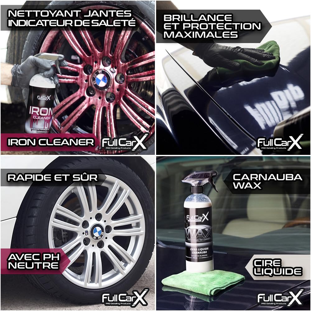 FULLCARX Kit Nettoyage Voiture Extérieur Intérieur Detailing, Nettoyant Jantes, Tissu Cuir, Rénovateur Plastique Tableau de Bord, Shampoing PH Neutre et Alcaline Rose, Cire Carnauba, APC, Vitre Lavage