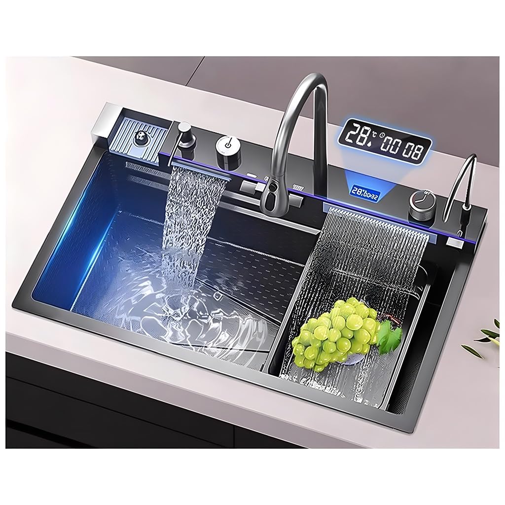 ZQFHSX Black Kitchen Workstation Sink With Pull Out Faucet, Cup Washer, Drain Knob & Kits, Large Waterfall Sink, Single Bowl Bar Multifunctional Farmhouse Sink(Black,80x46x22cm)