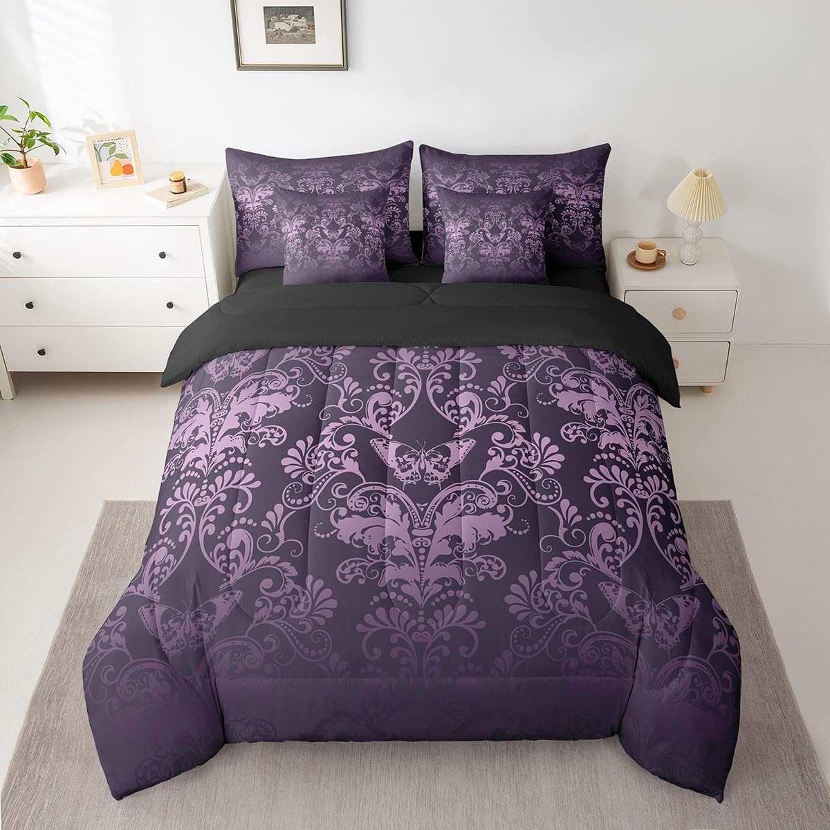 Erosebridal Gothic Damask 7 Piece Comforter Set Full Bed in a Bag,Butterfly Skull Bedding Sets Purple Victorian Floral Goth Sheet Set with Comforter