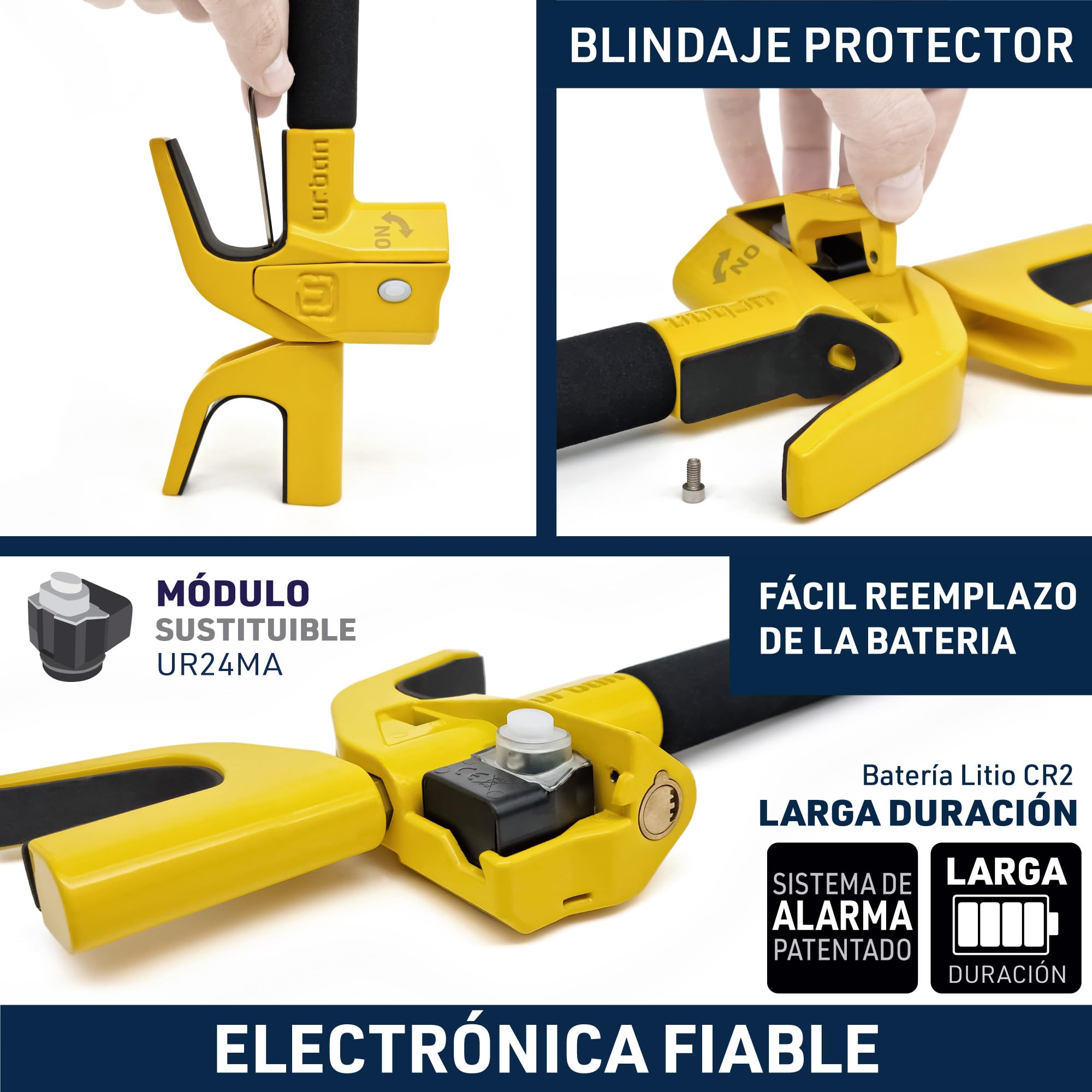 URBAN UR978Y Antirrobo Coche Doble Seguridad, Barra Volante Sin/Con Alarma Hi-Tech 120dB+LED Más Seguro y Visible, Bloqueo Automático, Patentado, Cepo Coche Universal Auto SUV Camper Autocaravana