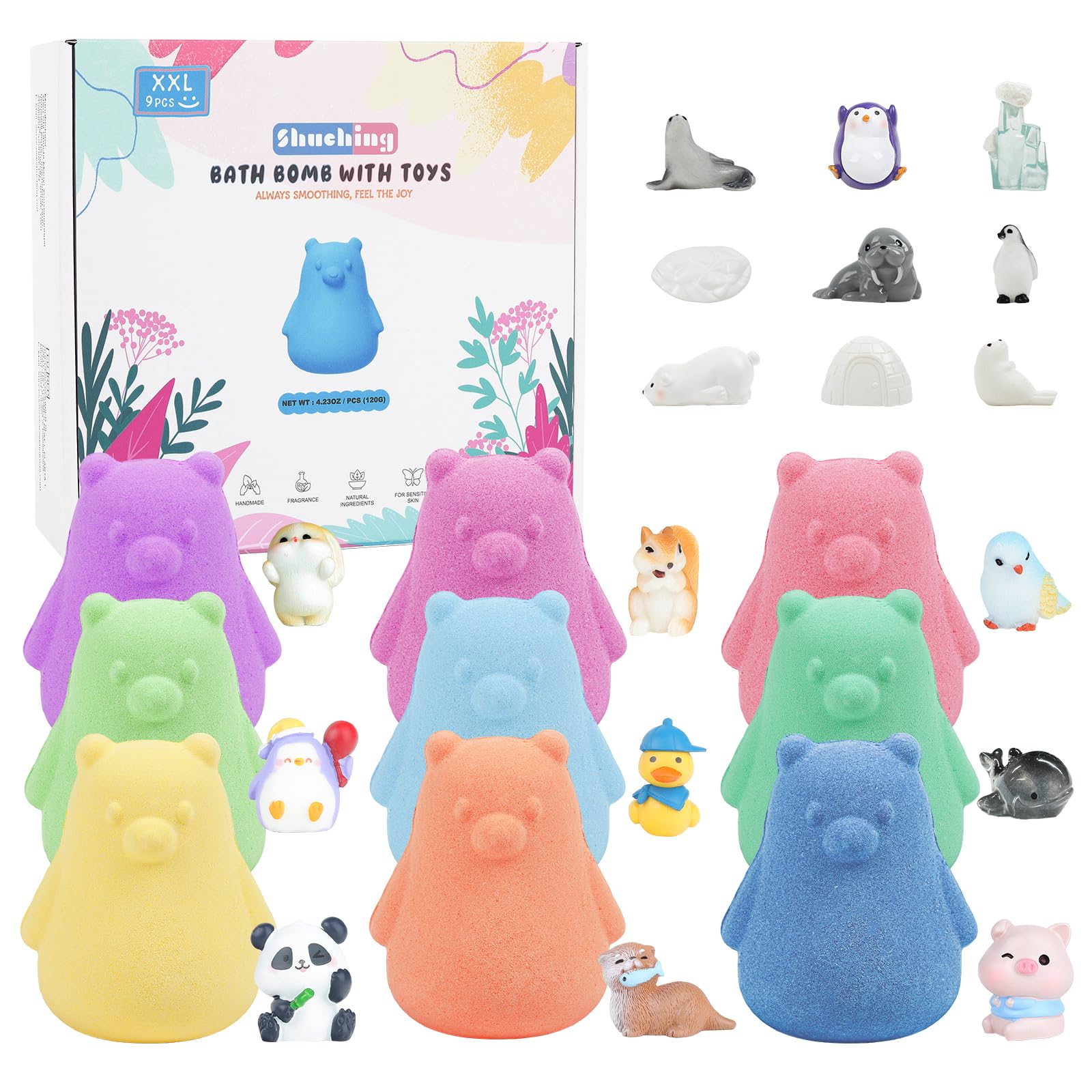 SHUCHING 9 XXL Boule de Bain Enfant avec Surprise, Coffret Bombe de Bain Ours Enfants Bio avec Jouets pour Garcons Filles Pâques Anniversaire