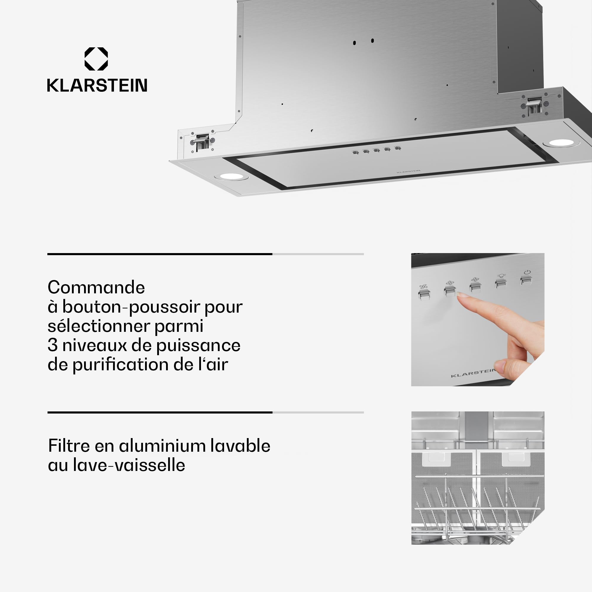 Klarstein TurboMax Hotte Aspirante, 75cm Hotte Cuisine Intégrée, 380 m³/h Débit d'Air, Énergie A+, LED, Filtre à Charbon & Aluminium, 3 Vitesses, Design Discret