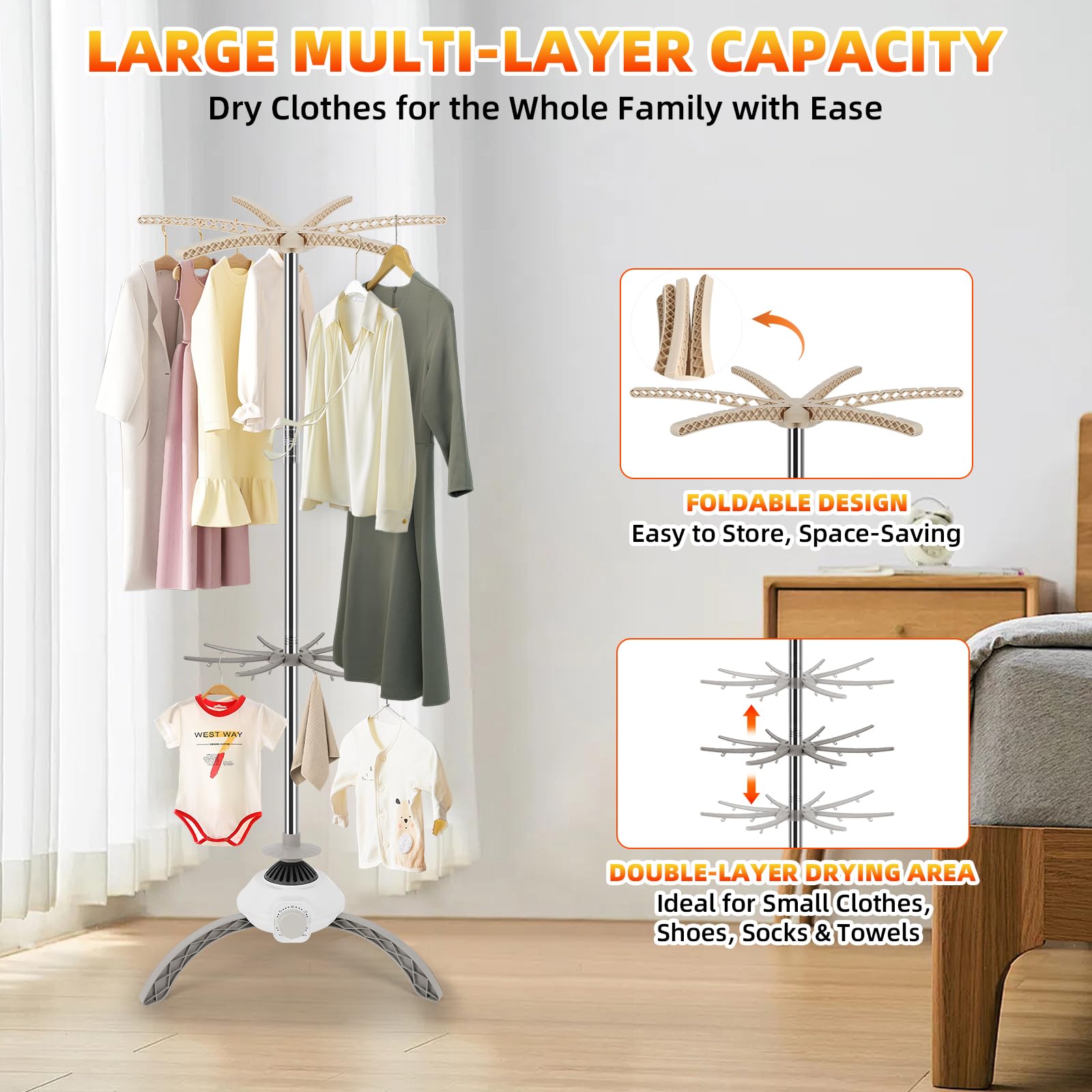 Portable Clothes Dryer, Foldable Electric Mini Dryer with Towel Rack, 900W Heated Drying Pod, 2-Layer 360° Hot Air Drying, Compact Travel Dryer for Home, Apartment, RV & Travel - 4