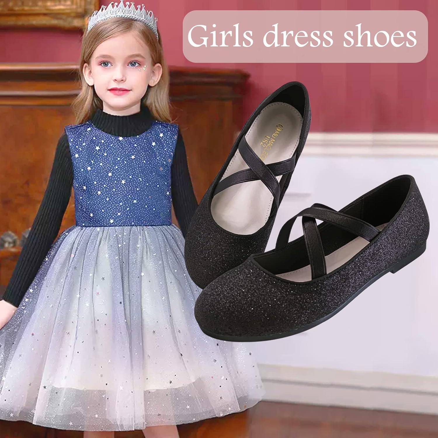 Girls Dress Shoes Princess Ballet Flats Low Heel Mary Jane Glitter Shoes with Elastic Strap for Toddler Little Big Kids - Image 6