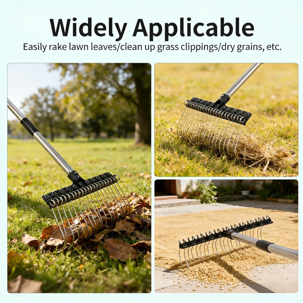 Thatch Rake 63-inch Adjustable Handle, 16-inch Head, Durable Steel Tines for Gardening, De-Thatching or Professional Landscaping