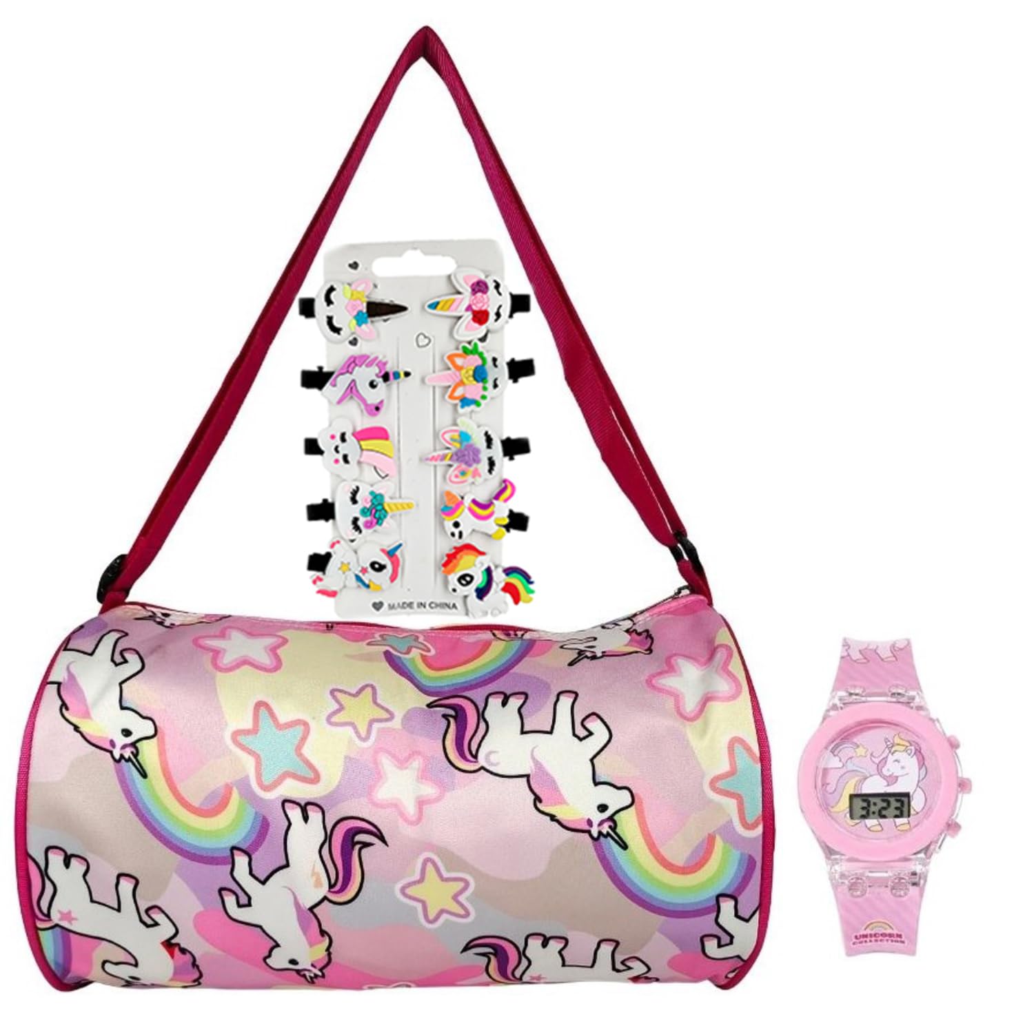 1 Pcs Stylish Polyester Duffel Bag and 10 Pcs Hair Clips, 1 Pcs Watch Perfect Unicorn Combo Gift Set for Baby Girls, Girls and Women-image-35