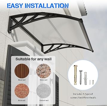 Front Door Canopy Outdoor Awning 120x100cm,Window, Patio or Porch Rain Shelter with ABS Bracket,Polycarbonate Sheet, UV,Snow Protection