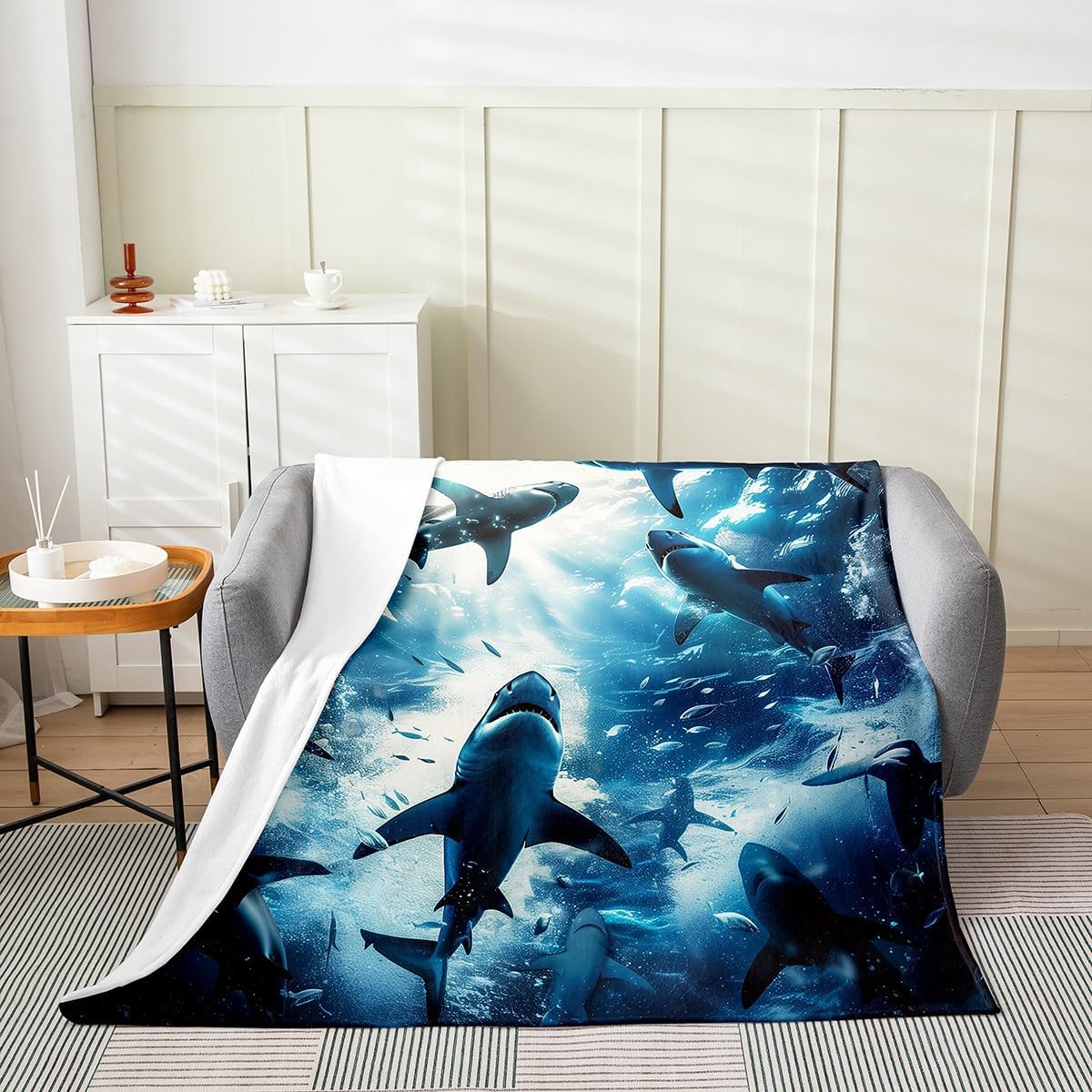 Erosebridal Shark Fleece Blanket Queen 90x90,3D Shark Flannel Blanket,Underwater Sea Animals Fuzzy Plush Throw Summer Ocean Theme Blankets for Kids Boys Girls,Deep Sea Landscape Bedroom Decor