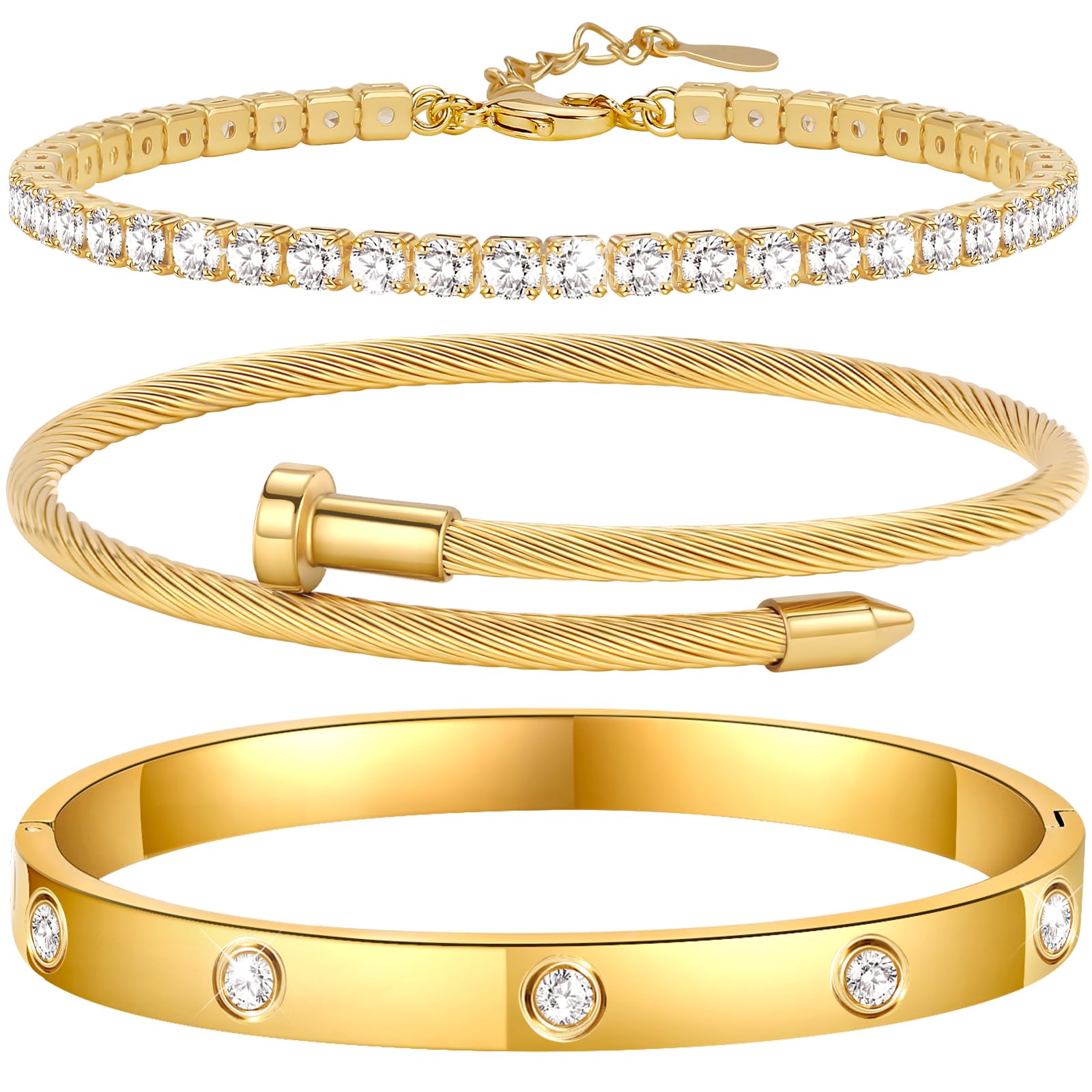 Ahokei Armreif Gold Armband Damen 2PC Titan-Stahl Armband Set,18K Gold Edelstahl Armkette Damen Armbänder Schmuck,Silber Armreifen 17/18CM, Geschenk für Muttertag Frauen