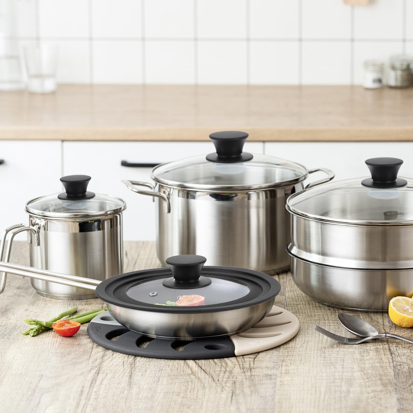 uxcell 1 tapa universal para ollas de 8.5, 9.5, 10 pulgadas de diámetro, tapas de repuesto con borde de silicona resistente al calor, tapa de ventilación de vapor para ollas, sartenes, sartenes, color