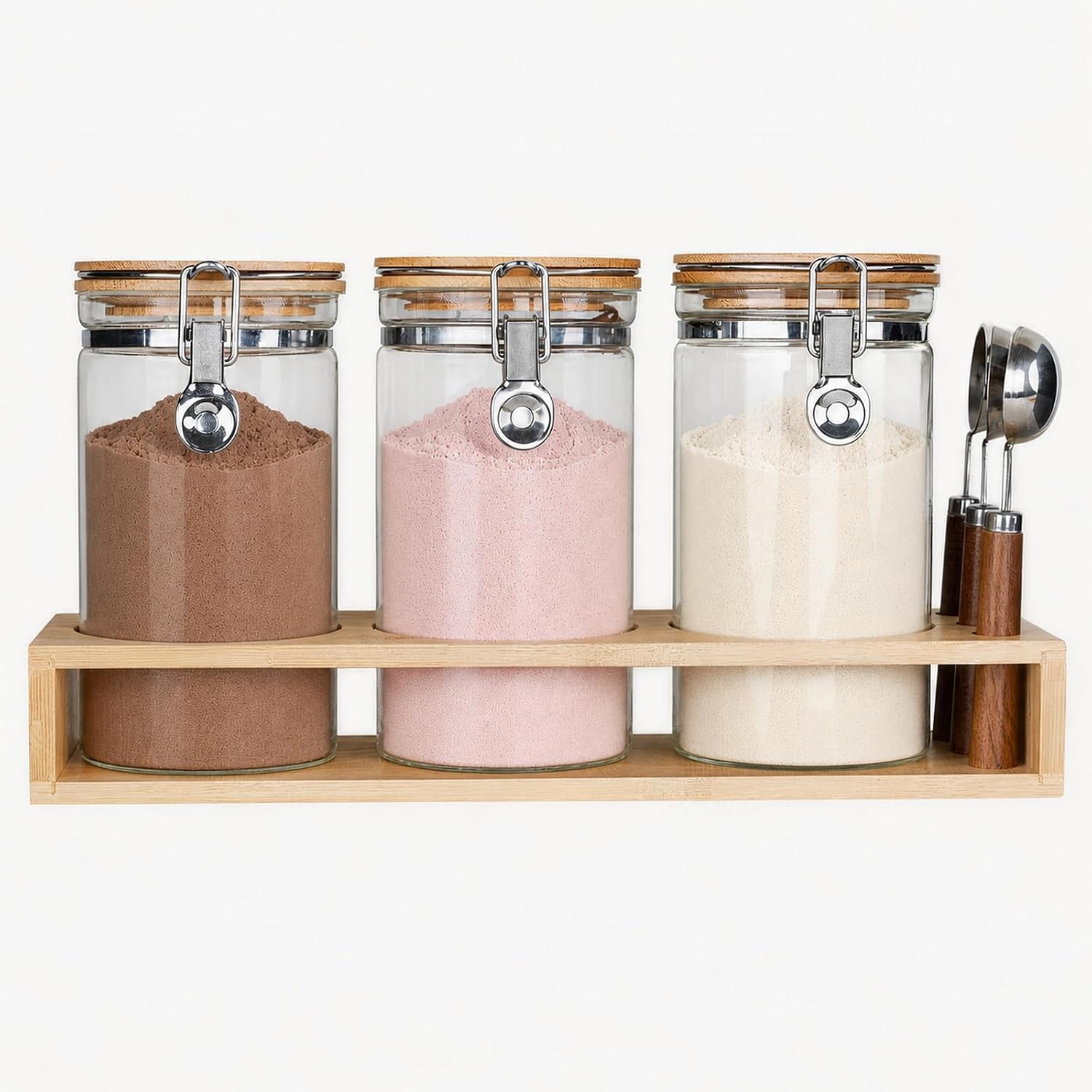 Glass Protein Powder Container Set, 40oz (1200ml) Airtight Collagen Storage Jars with Bamboo Lids & 1 TBSP Measuring Spoons (3 Pack) - Wide Mouth Aesthetic Countertop Dispenser Organizer for Kitchen