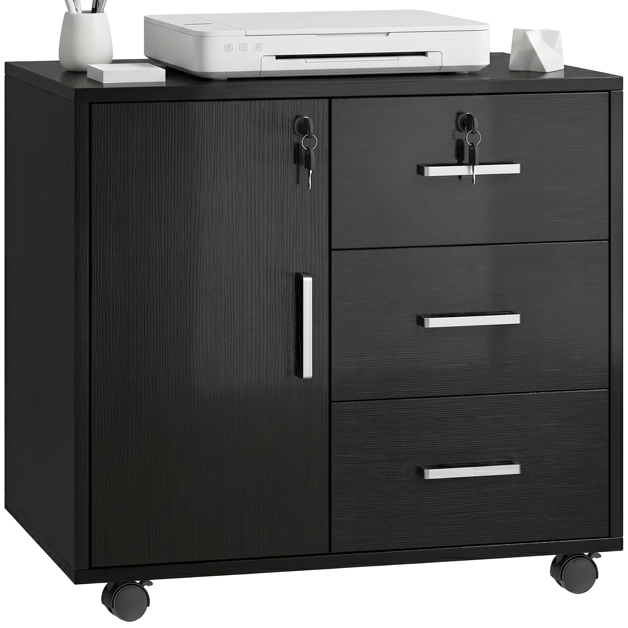 HOMCOM Cassettiera da scrivania con 3 cassetti, 40 x 60 x 56 cm, colore: Nero | Armadietto portaoggetti regolabile per ufficio, ruote