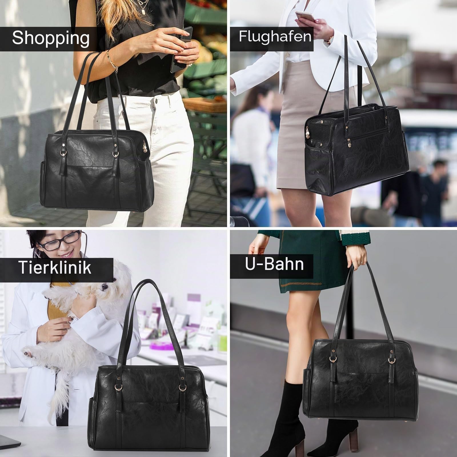 Lasaviin Hundetragetasche, modische Leder-Haustier-Tragetasche mit Taschen, von Fluggesellschaften zugelassen, weiche Seiten, für Welpen, Katzen, Hunde, Schwarz
