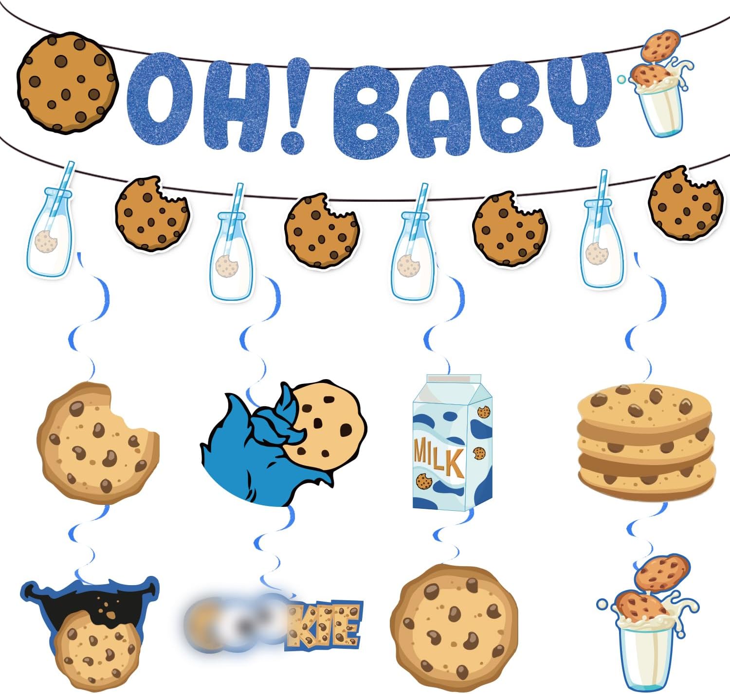 Milk and Cookies Baby Shower Banner, Oh Baby Blue Banner Cookies Milk Party Hanging Swirls Milk and Cookies Baby Shower Party Supplies