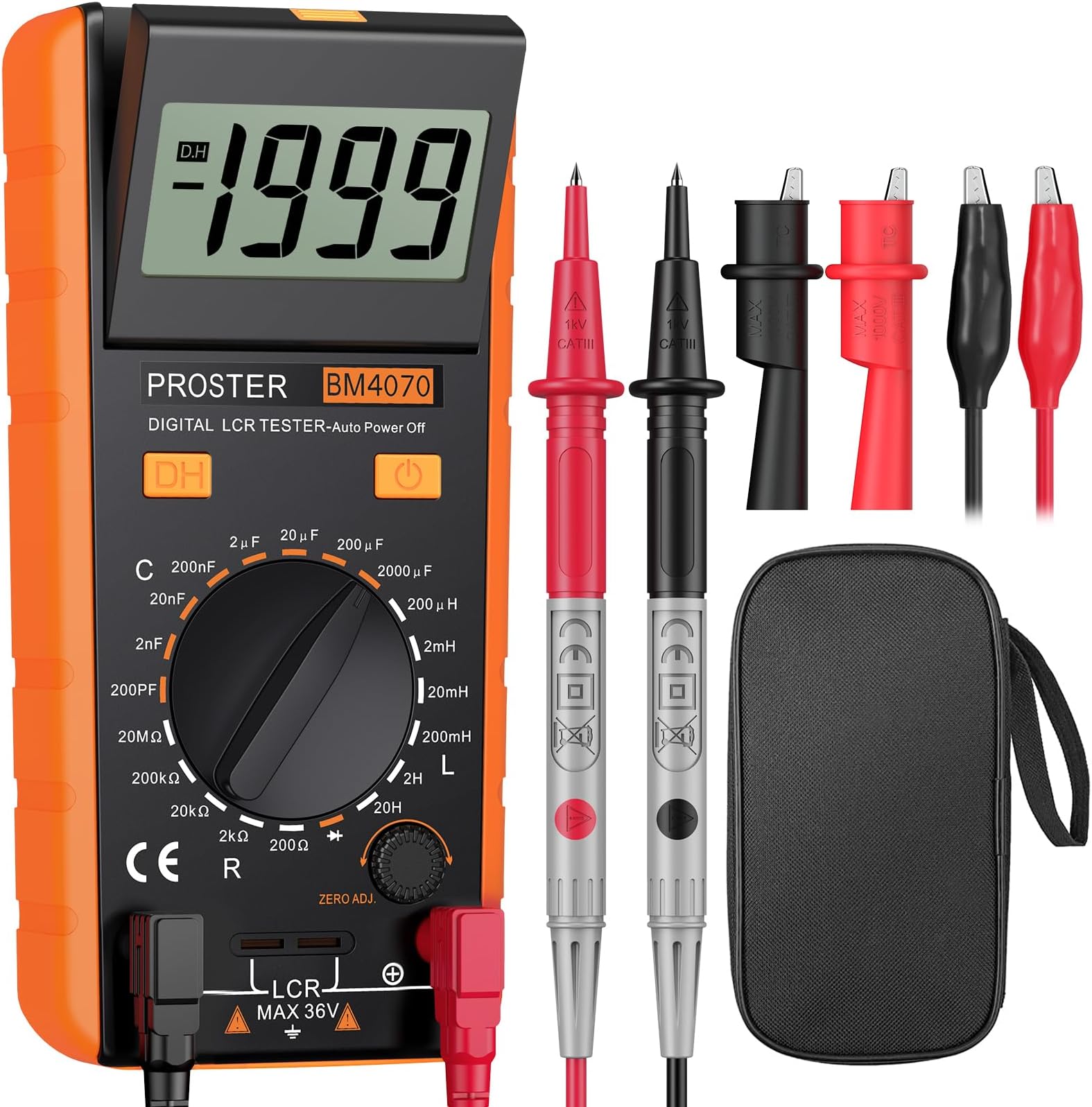 Proster LCR Meter Digital Capacitance Inductance Resistance Tester with Battery Crocodile Clip Storage Bag LCR Tester Measuring Meter with LCD Display