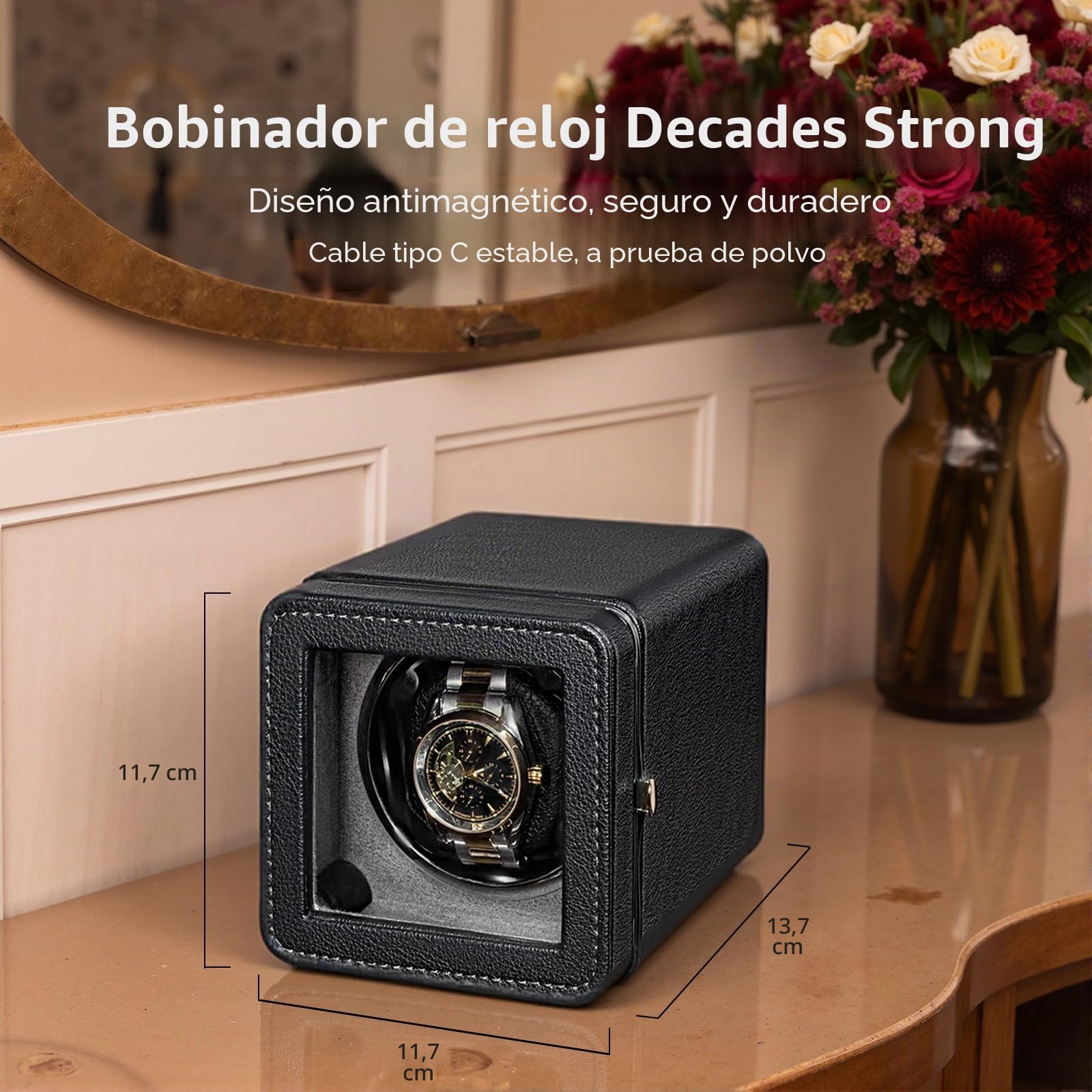 Caja giratoria para relojes automáticos, cable de carga USB, piel sintética, con motor silencioso