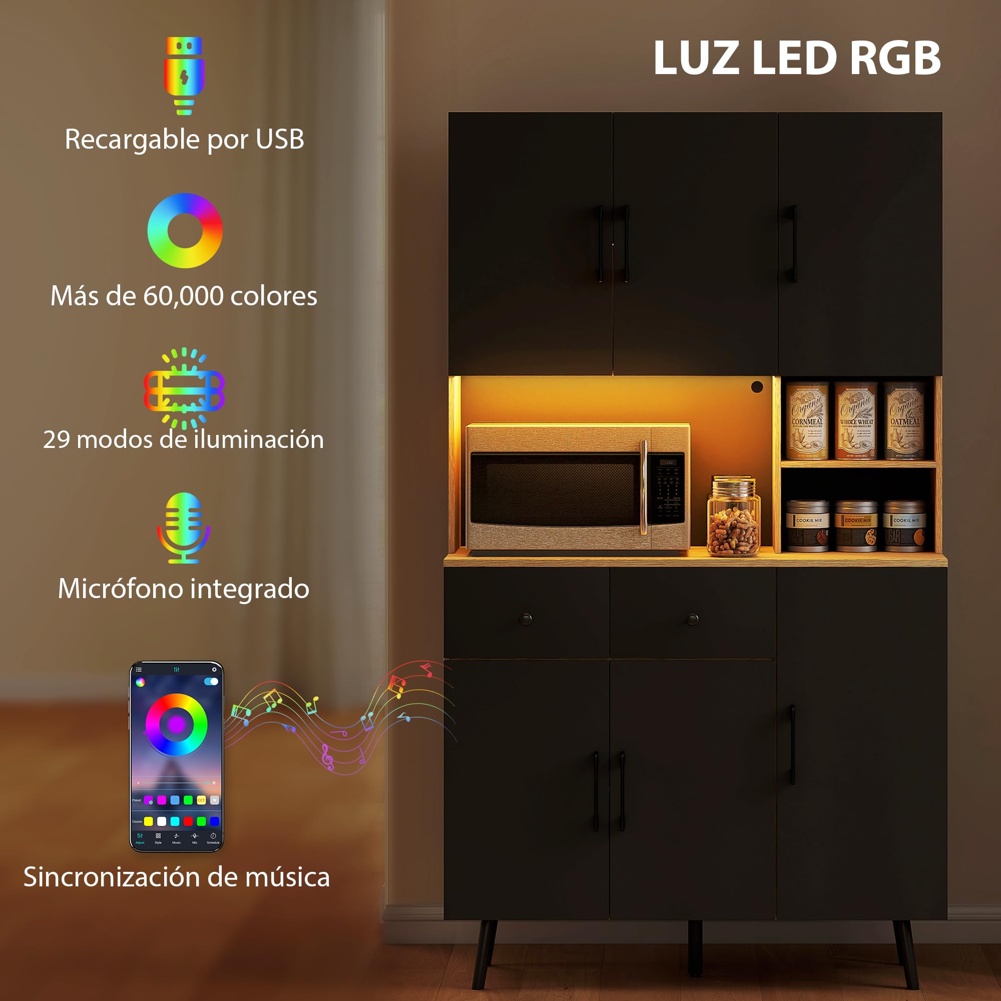 HOMCOM Meuble d'appoint de cuisine haut avec lumières LED RVB avec 6 portes, 2 tiroirs, plan de travail et trou pour câbles, style moderne noir et chêne 100 x 40 x 176 cm