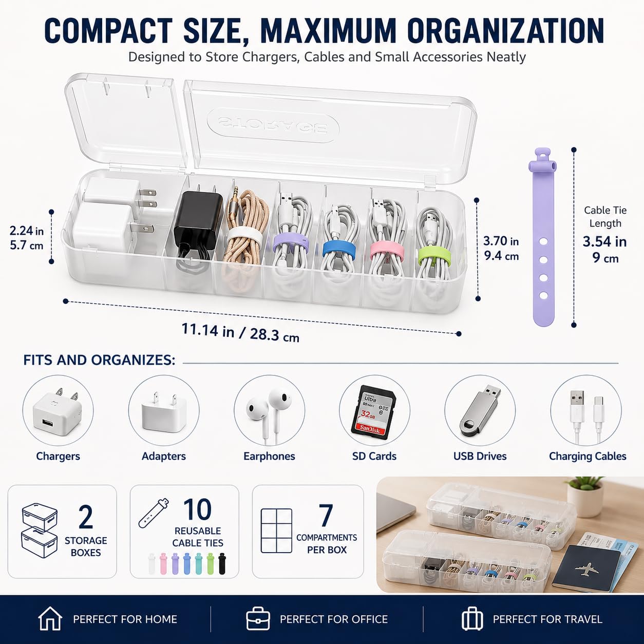 Caja de almacenamiento para cables, 2 unidades, 7 compartimentos, transparente con 12 bridas, organizador de doble apertura