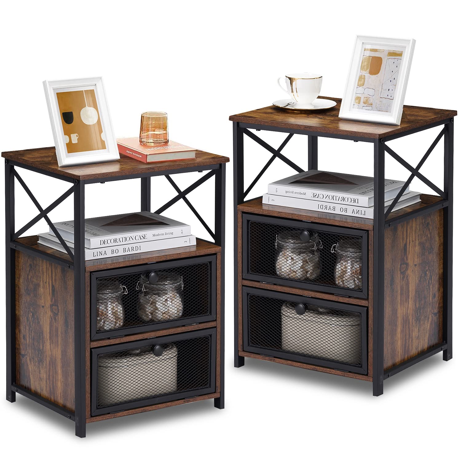 VECELO Nightstand Set of 2, End Table with Flip Drawer, Modern Night Stand for Bedroom,Living Room, Office, Easy Assembly, Light Brown